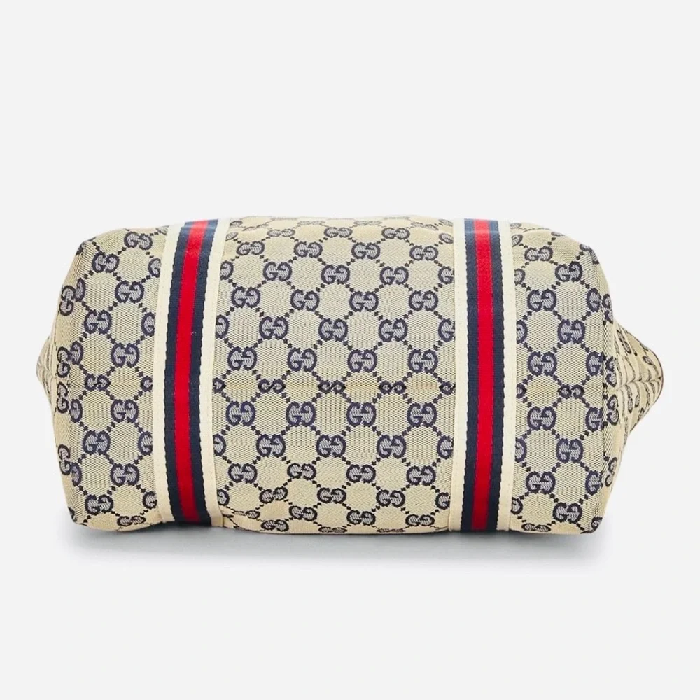 GUCCI Jolicoeur Navy/Red Striped Canvas w/Leather Golden Hardware & Charms, EUC